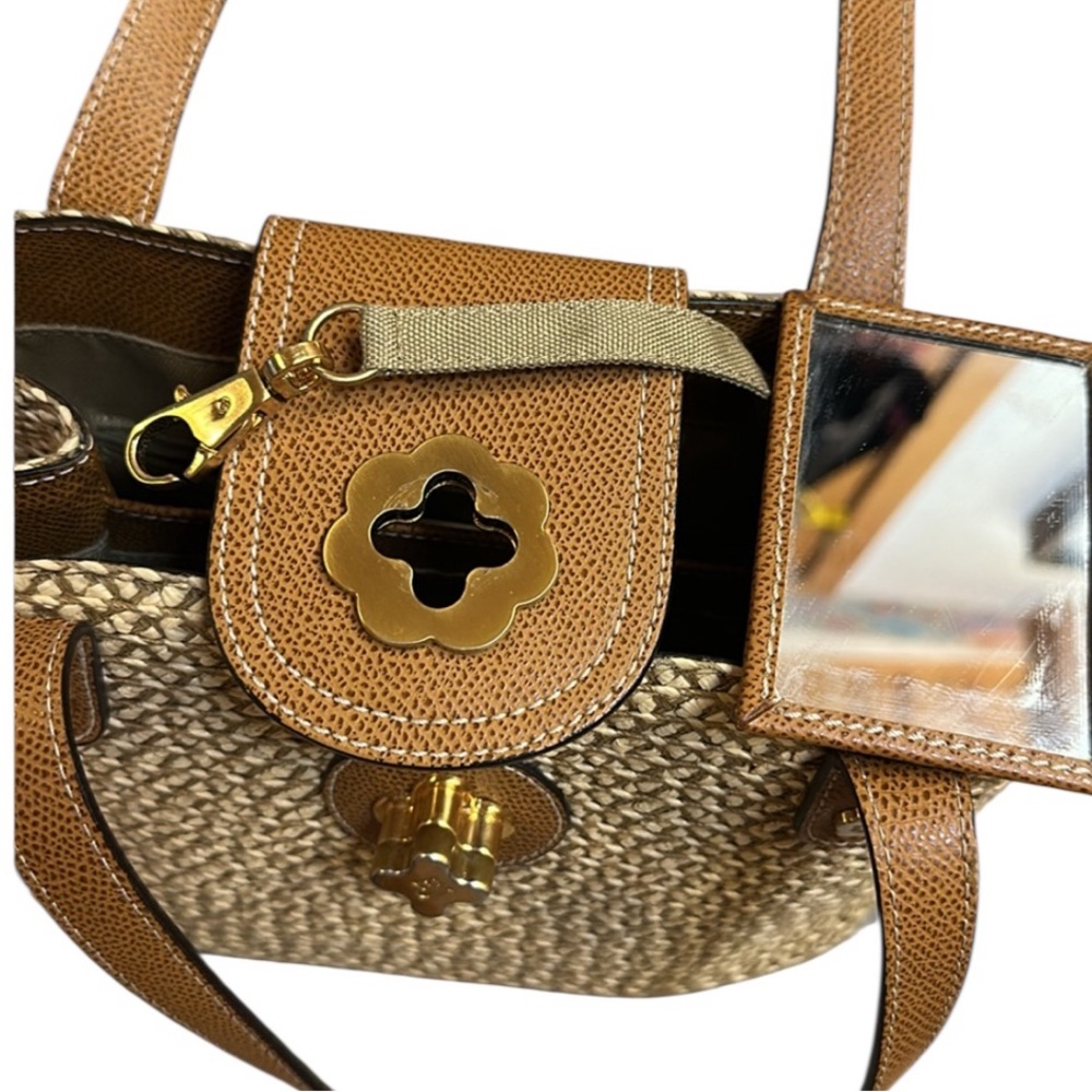 Eric Javits Straw & Leather Vintage Bag. Flower Closure Matching Mirror Included - Picture 13 of 16